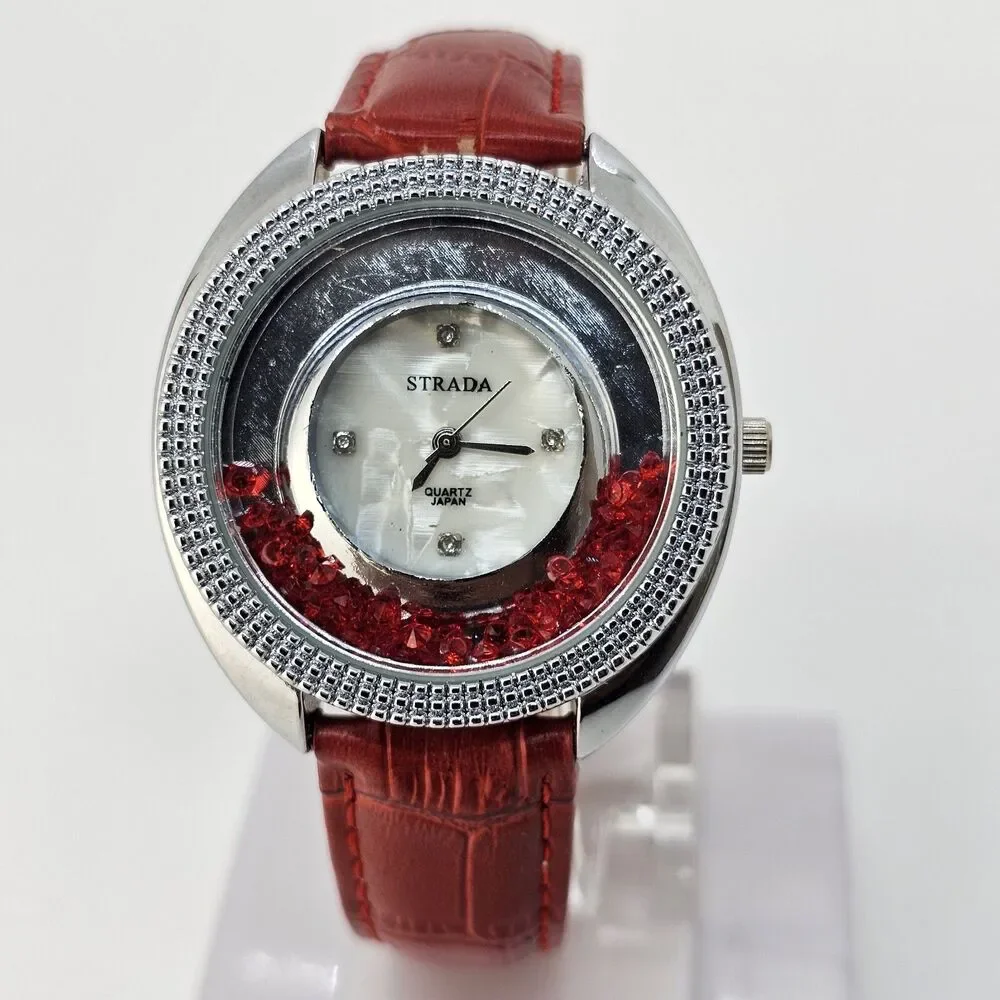 Strada Women’s Watch 40MM Red Leather Bands‎ Floating Crystals New Battery
